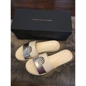 Tommy Hilfiger White and Silver Slides